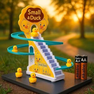 GRAPHENE Ducks Slide Toy Set with 2 Cells Stair Climbing Duck Track Toy Light Musical 3 Duckling Moving Escalator Automatic Cartoon Chasing Race Gift Toys for 1+ Kids 1-5 Years Baby Girls Toddlers