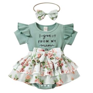 Hopscotch Girls Text Print Bodysuit with Headband In Green Color