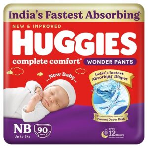 Huggies Complete Comfort Wonder Pants | Pant Style Baby Diapers Newborn Size, 90 Count | India's Fastest Absorbing Diaper, Prevents Diaper Rash, Ideal for 0-5 Kgs