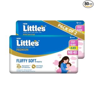 Little's Premium New Born Baby Diaper Pants Style (NB) | Upto 5 kg | 80 Count - Pack of 2 | CottonSoft Baby Diapers with Leakage Guard, Wetness Indicator & 12 Hours Absorption