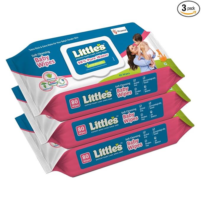 Little's Soft Cleansing Baby Wipes with Lid | 80 Wipes x Pack of 3 - 240 Wipes | Extra Thick & Moist Wet Wipes for Baby's | Prevents Rashes & Redness with Goodness of Aloe Vera, Vitamin E & Jojoba Oil
