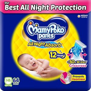 Mamypoko Pants, All Night Absorb Pant Style Baby Diapers for upto 5 Kgs + 50% Wider and Repeated Absorption for All Night, 12 Hr Protection from Leakage, Prevents Heaviness, New Born (XS), 64 Count