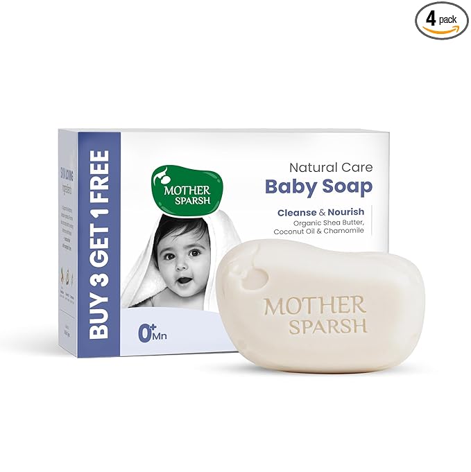 Mother Sparsh Natural Care Baby Soap-75g x 4 | BUY 3 GET 1 FREE | Tear Free Soap for Babies with Chamomile, Shea Butter & Coconut Oil | Gently Cleanses Newborn Sensitive Skin