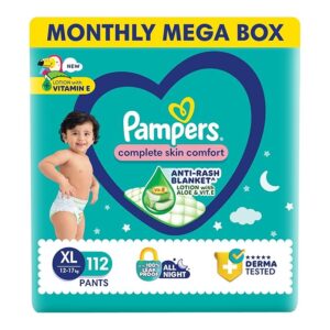 Pampers Complete Skin Comfort Pants, Anti-rash blanket, Lotion with Vitamin E & Aloe Vera, Extra Large size baby diapers (XL) 112 Count, 12-17kg